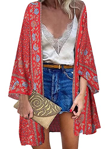 ZANZEA Damen Blumendruck Kimono Strickjacke Boho Strandkleid Pareos Poncho Sommer Strand Bikini Cover Up Blumen-Rot M von ZANZEA