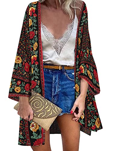 ZANZEA Damen Blumendruck Kimono Strickjacke Boho Strandkleid Pareos Poncho Sommer Strand Bikini Cover Up Blumen-Schwarz 3XL von ZANZEA