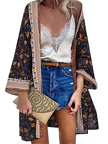 ZANZEA Damen Blumendruck Kimono Strickjacke Boho Strandkleid Pareos Poncho Sommer Strand Bikini Cover Up B-Blumen Marine 3XL von ZANZEA