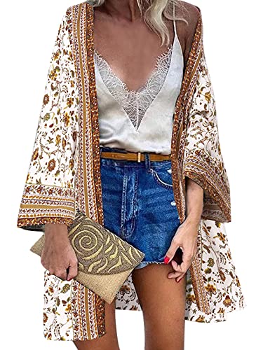 ZANZEA Damen Blumendruck Kimono Strickjacke Boho Strandkleid Pareos Poncho Sommer Strand Bikini Cover Up B-Blumen Weiß 4XL von ZANZEA