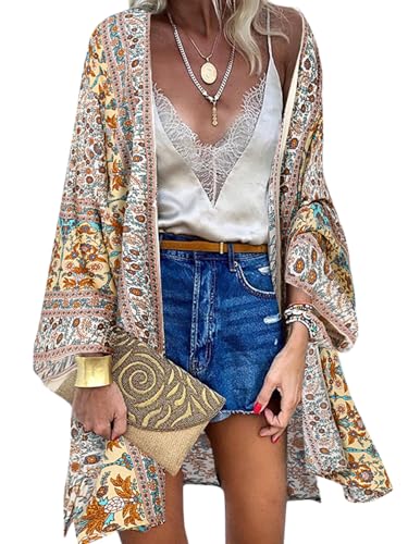 ZANZEA Damen Blumendruck Kimono Strickjacke Boho Strandkleid Pareos Poncho Sommer Strand Bikini Cover Up Boho-Beige XL von ZANZEA