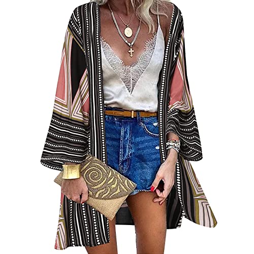 ZANZEA Damen Blumendruck Kimono Strickjacke Boho Strandkleid Pareos Poncho Sommer Strand Bikini Cover Up Streifen Schwarz 4XL von ZANZEA