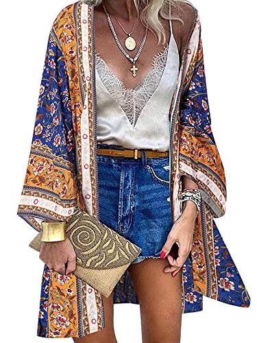 ZANZEA Damen Blumendruck Langarm Kimono Strickjacke Boho Strandkleid Pareos Poncho Casual Sommer Strand Bikini Cover Up Floral-Blau XL von ZANZEA