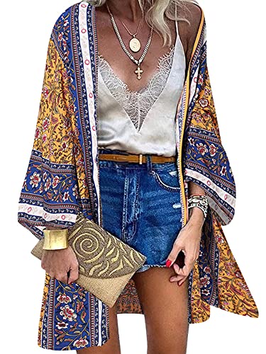 ZANZEA Damen Blumendruck Langarm Kimono Strickjacke Boho Strandkleid Pareos Poncho Casual Sommer Strand Bikini Cover Up Floral-Gelb 5XL von ZANZEA