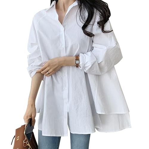 ZANZEA Damen Bluse Elegant V-Ausschnitt Langarm Casual Oberteile Hemd Knopfleiste Shirt Oberteile Solide Lange Bluse Asymmetrische Lange Lockere Bluse E-Weiß XL von ZANZEA