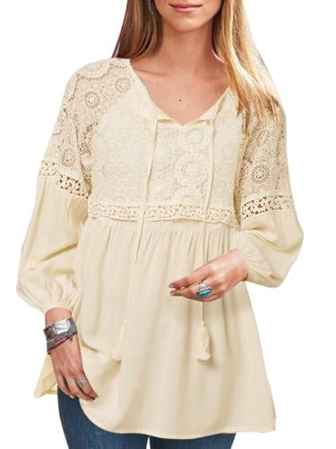 ZANZEA Damen Bluse Langarm Ausgehöhltes Spitzenbluse V-Ausschnitt Elegant Longbluse Casual Oversize Hemden Einfarbig Tops 01-Beige L von ZANZEA