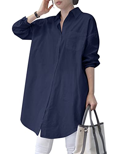 ZANZEA Damen Bluse Langarm Shirt Hemdbluse Casual Business Longshirt Longbluse Einfarbig mit Knöpfen Blau 3XL von ZANZEA