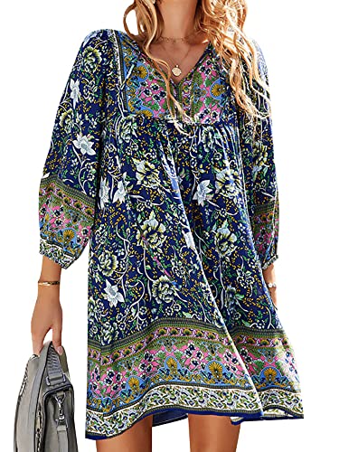 ZANZEA Damen Bohemian Tunika Kleid V Ausschnitt Strandkleid Blumendruck Kurzes Sommerkleider Retro Tunikakleider Freizeitkleid 10-Marine 3XL von ZANZEA