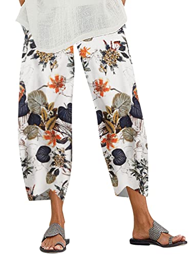 ZANZEA Damen Casual Haremshose Sommer Boho Retro Druck Baumwolle Cropped Pants Loose Fit Hippie Elastische Taille mit Taschen Lounge Yogahose Strandhose, Beta Gelbe Blume, 48 von ZANZEA