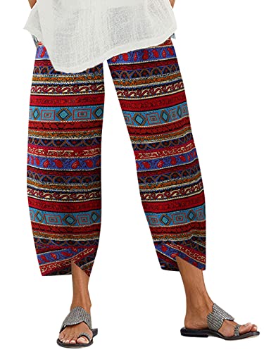 ZANZEA Damen Casual Haremshose Sommer Boho Retro Druck Baumwolle Cropped Pants Loose Fit Hippie Elastische Taille mit Taschen Lounge Yogahose Strandhose, Beta-Rot, 48 von ZANZEA