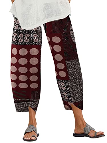 ZANZEA Damen Casual Haremshose Sommer Boho Retro Druck Baumwolle Cropped Pants Loose Fit Hippie Elastische Taille mit Taschen Lounge Yogahose Strandhose, Beta Weinrot, 50 von ZANZEA