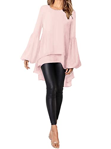 ZANZEA Damen Casual Lose Langarm Asymmetrisch Tunika Tops Rundhals Laternenärmel Hemdkleid Mode Doppelschicht Bluse M-Rosa M von ZANZEA