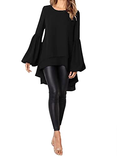 ZANZEA Damen Casual Lose Langarm Asymmetrisch Tunika Tops Rundhals Laternenärmel Hemdkleid Mode Doppelschicht Bluse M-Schwarz S von ZANZEA