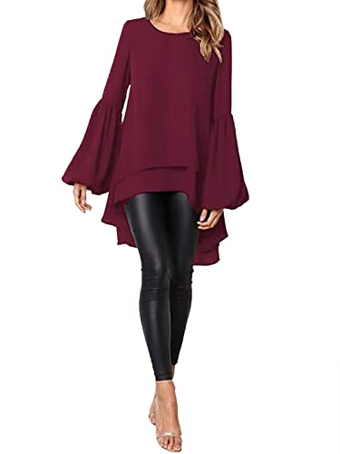 ZANZEA Damen Casual Lose Langarm Asymmetrisch Tunika Tops Rundhals Laternenärmel Hemdkleid Mode Doppelschicht Bluse M-Weinrot L von ZANZEA