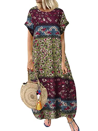 ZANZEA Damen Casual Maxikleid Lockere Passform Kurzarm Vintage Kleider mit Blumenmuster Rundhals Kleider mit Taschen C-Grün XL von ZANZEA