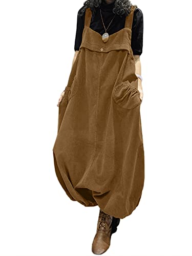 ZANZEA Damen Cord Latzhose Retro Elegant Jumpsuits Einfarbig Casual Oversize Overalls Haremshose mit Taschen A-Braun L von ZANZEA