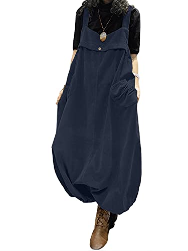 ZANZEA Damen Cord Latzhose Retro Elegant Jumpsuits Einfarbig Casual Oversize Overalls Haremshose mit Taschen A-Marineblau 3XL von ZANZEA