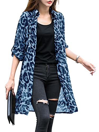 ZANZEA Damen Dünner Sommer Strickjacke Leopardenmuster Loose Bikini Cover Up Langarm Lang Strickjacke Kimono Cardigan A-Blau 4XL von ZANZEA