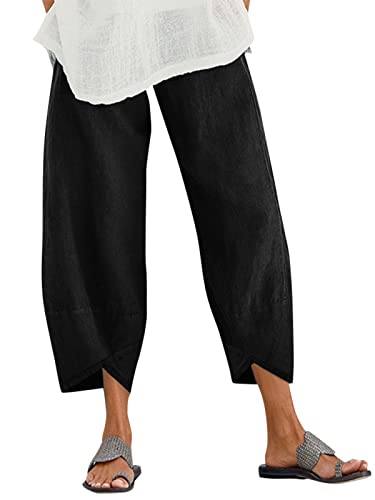 ZANZEA Damen Freizeithose Baumwolle Leinen Kurze Hose Loose Fit Gerade Elastische Taille Chinohose mit Tasche Schwarz 4XL von ZANZEA