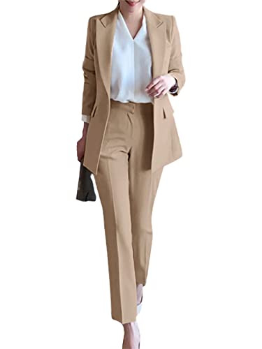 ZANZEA Damen Hosenanzüge Business Anzug Lockeres Blazer mit Anzughose Elegant Zweiteiler für Office Hochzeit 10-Beige L von ZANZEA