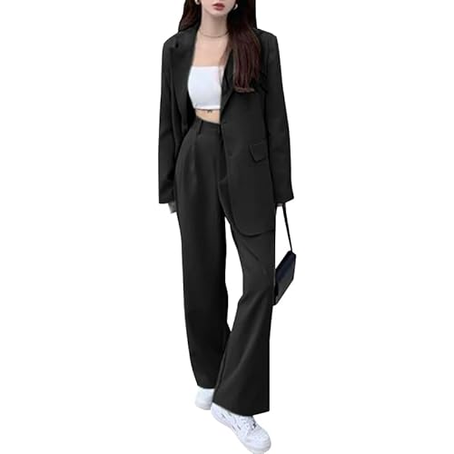 ZANZEA Damen Hosenanzug Business Outfit Anzug Set Blazer Hose 2 Teilig Anzug Einfarbig Zweiteiliger Langarm Anzugjacke Slimfit Streetwear 2 Stück Anzüge Outfit 09-Schwarz M von ZANZEA