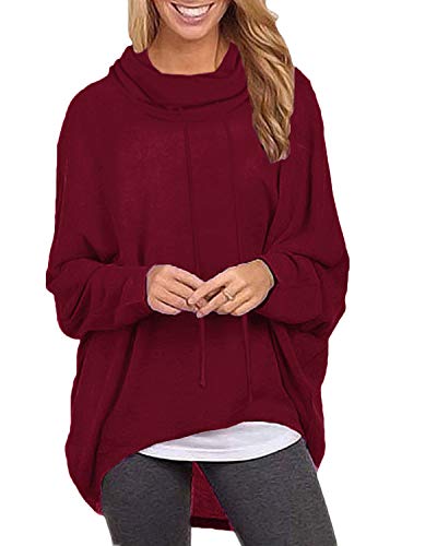 ZANZEA Damen Rollkragen Langarmshirts Asymmetrisch Sweatshirt Jumper Pullover Oversize Tops X-01 Weinrot Small von ZANZEA