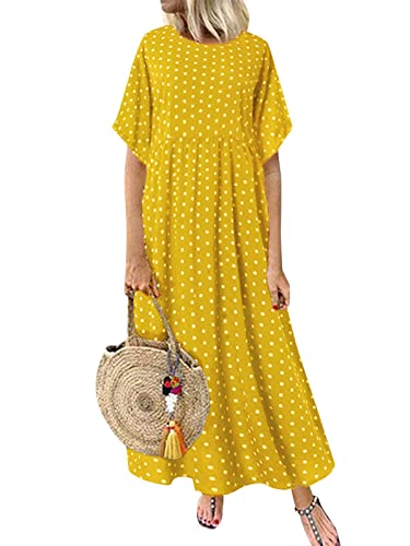 ZANZEA Damen Kleid Elegant Rundhals Kurzarm Maxikleid Loose Polka Dot Freizeitkleid Lässig Sommer Strandkleid C-Gelb M von ZANZEA