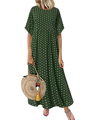 ZANZEA Damen Kleid Elegant Rundhals Kurzarm Maxikleid Loose Polka Dot Freizeitkleid Lässig Sommer Strandkleid C-Grün 4XL von ZANZEA