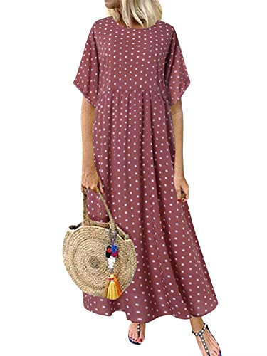 ZANZEA Damen Kleid Elegant Rundhals Kurzarm Maxikleid Loose Polka Dot Freizeitkleid Lässig Sommer Strandkleid C-Pink 4XL von ZANZEA