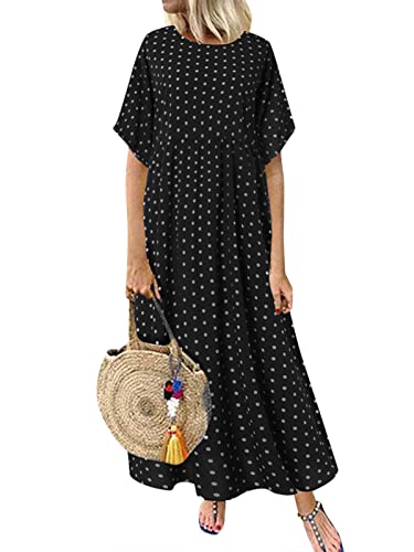 ZANZEA Damen Kleid Elegant Rundhals Kurzarm Maxikleid Loose Polka Dot Freizeitkleid Lässig Sommer Strandkleid C-Schwarze 3XL von ZANZEA