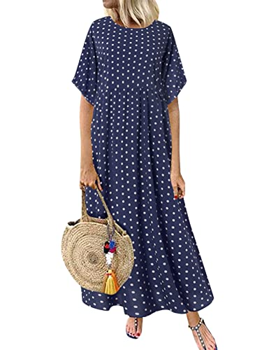 ZANZEA Damen Kleid Elegant Rundhals Kurzarm Maxikleid Loose Polka Dot Freizeitkleid Lässig Sommer Strandkleid C-Tiefblaues XL von ZANZEA