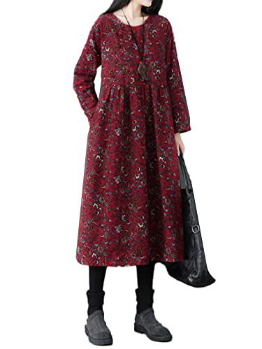 ZANZEA Damen Kleider Blumenmuster Maxikleider Rundhals Lässiges Lange Kleid Langärm A-Linie Freizeitkleid Loose Casual Long Dress X01-Rot XL von ZANZEA