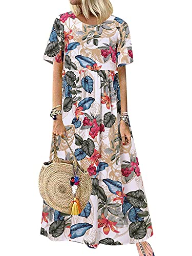 ZANZEA Damen Kleider Böhmisch Sommerkleid Elegant Lang Kleid Rundhals Blumen Maxikleid Floral Kurzarm Casual Strandkleid Freizeitkleider 05-Beige XXL von ZANZEA