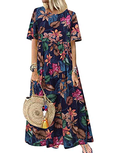 ZANZEA Damen Kleider Böhmisch Sommerkleid Elegant Lang Kleid Rundhals Blumen Maxikleid Floral Kurzarm Casual Strandkleid Freizeitkleider 05-Blau L von ZANZEA