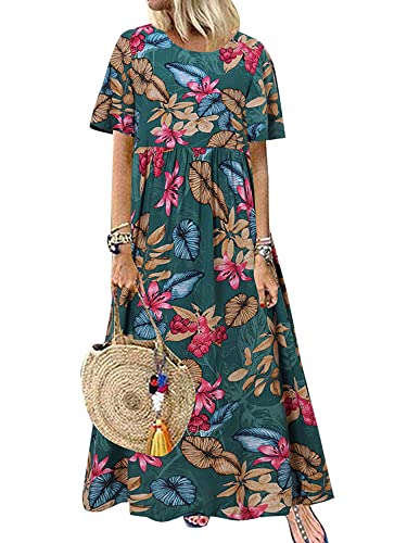 ZANZEA Damen Kleider Böhmisch Sommerkleid Elegant Lang Kleid Rundhals Blumen Maxikleid Floral Kurzarm Casual Strandkleid Freizeitkleider 05-Grün XL von ZANZEA