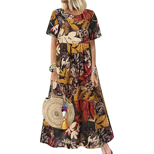 ZANZEA Damen Kleider Sommer Bohemian Strandkleider Kurzarm A Line Langekleider Hohe Taille Tunika Maxikleid Boho 01-Kaffee L von ZANZEA