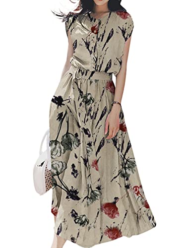 ZANZEA Damen Kurzarm Rundhals Blumen Sommer Kleider mit Gürtel Elegant Casual Freizeitkleid Sommerkleid Strand Tunikakleid Lange Maxikleid Floral-Beige 3XL von ZANZEA