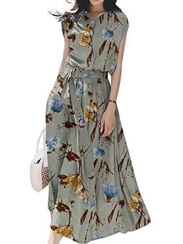 ZANZEA Damen Kurzarm Rundhals Blumen Sommer Kleider mit Gürtel Elegant Casual Freizeitkleid Sommerkleid Strand Tunikakleid Lange Maxikleid Floral-Grün S von ZANZEA