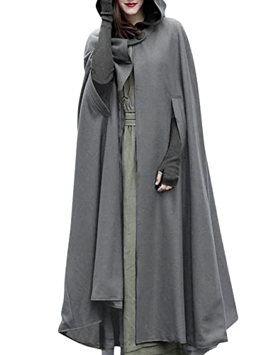 ZANZEA Damen Lang Cape Mantel Umhang mit Kapuze Oversize Poncho Wollmantel Gothic Cosplay Jacke Freizeit Casual Winter Outwear Lang-Grau 3XL von ZANZEA