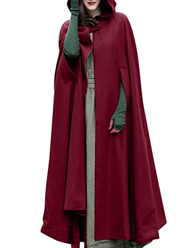 ZANZEA Damen Lang Cape Mantel Umhang mit Kapuze Oversize Poncho Wollmantel Gothic Cosplay Jacke Freizeit Casual Winter Outwear Lang-Rot L von ZANZEA