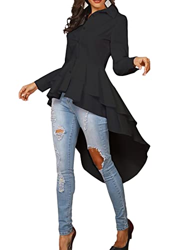 ZANZEA Damen Langarm/Kurzarm Asymmetrisch Bluse Casual Freizeit Hemd Shirts Oversize Lang Oberteile Tops 01-schwarz 4XL von ZANZEA