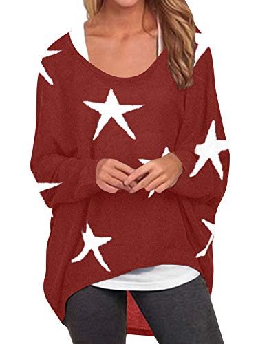 ZANZEA Damen Langarm Blumen Sweatshirt Asymmetrisch Jumper Pullover Oversize Tops rot X-Large von ZANZEA