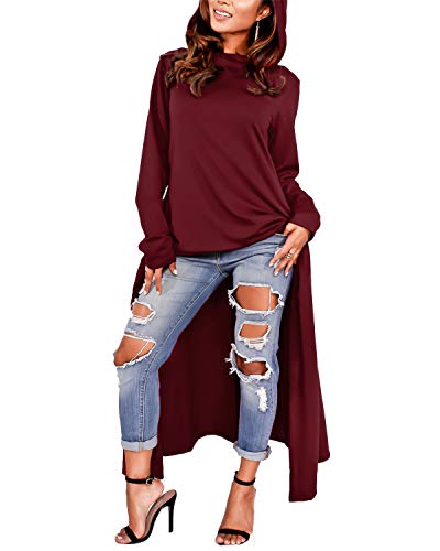 ZANZEA Damen Langarm Kapuzenpullover Asymmetrisch Lange Hoodies Shirts Oversize Oberteile 01-weinrot X-Large von ZANZEA