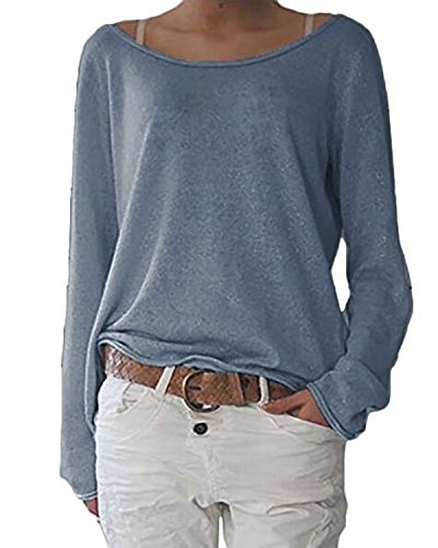 ZANZEA Damen Langarm Lose Bluse Hemd Shirt Oversize Sweatshirt Oberteil Tops Grau Blau EU 40-42/Etikettgröße M von ZANZEA
