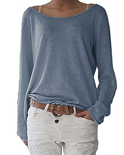 ZANZEA Damen Langarm Lose Bluse Hemd Shirt Oversize Sweatshirt Oberteil Tops Grau Blau EU 44/Etikettgröße L von ZANZEA