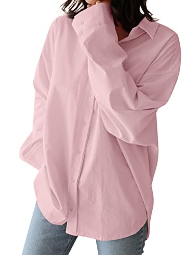 ZANZEA Damen Leinen Blusen Langarm Große Größen Longbluse Elegant Tunika Oberteil Lässig Oversize Hemd Weiß mit Kragen Langshirt A-Pink 4XL von ZANZEA