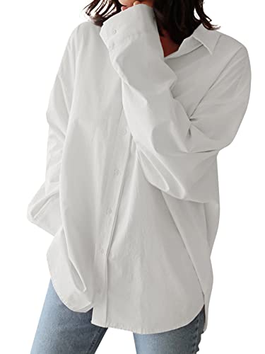 ZANZEA Damen Leinen Blusen Langarm Große Größen Longbluse Elegant Tunika Oberteil Lässig Oversize Hemd Weiß mit Kragen Langshirt A-Weiß S von ZANZEA
