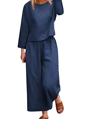 ZANZEA Damen Leinen Zweiteiler Weite Beine Hose und Langarmshirts Frauen 2 Teiler Anzug Hosenanzug Elegant Set Sommer Freizeitanzug 02-Blau 5XL von ZANZEA