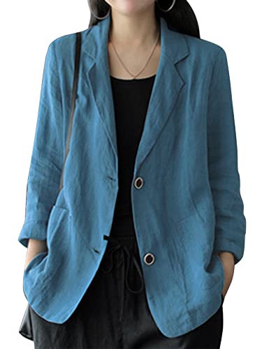 ZANZEA Damen Leinenjacke Moderner Business Blazer Revers Langarm Anzugjacke Casual Loose Fit Blazerjacke D-Blau 3XL von ZANZEA