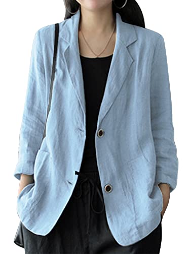 ZANZEA Damen Leinenjacke Moderner Business Blazer Revers Langarm Anzugjacke Casual Loose Fit Blazerjacke D-Hellblau L von ZANZEA